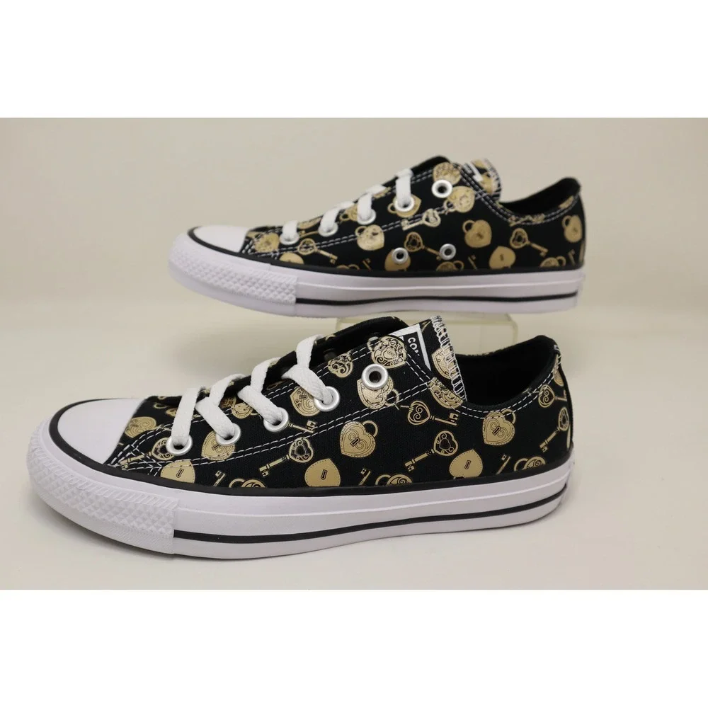Converse Chuck Taylor All Star Low Womens 6 Black Gold Locks Keys Print NWOB